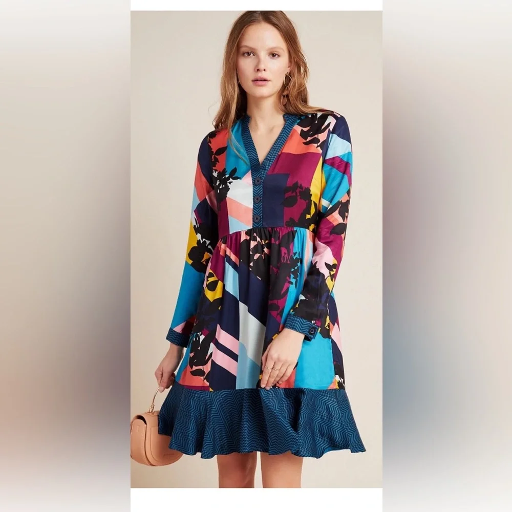 Anthropologie Multicolor Patchwork V-Neck Mini Dress - Picture 1 of 12